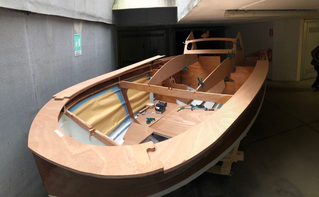 A boat in the process of being built using the Goliath CNC portable router
