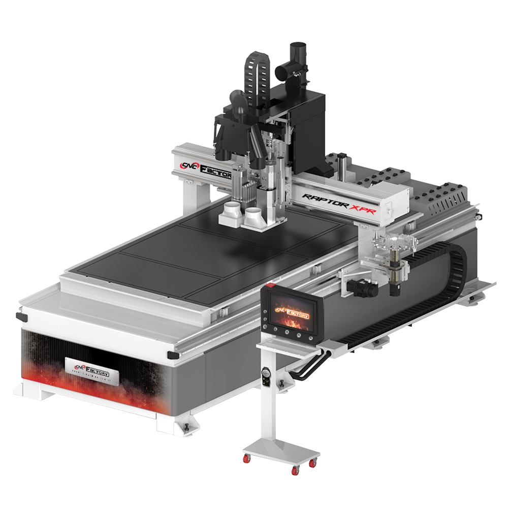Raptor XPR 4 x 10 CNC Machine Center.  5G, robotic material unloading arm and spoil-board cleaning, 8 position tool, CNC touch screen, Vacuum pump, cabinet and cutting software