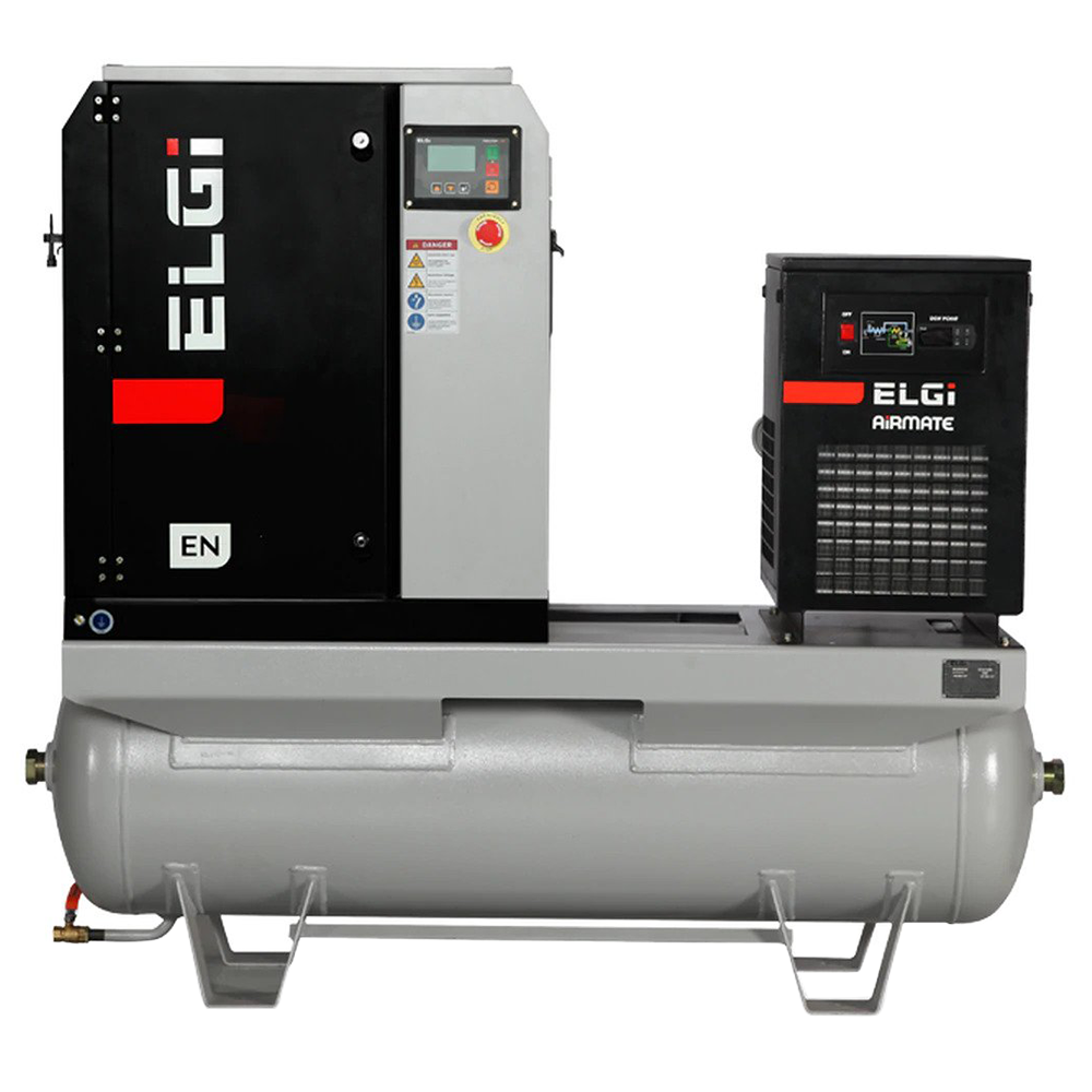 Elgi EN04-125-60T-G2 5HP 230 Volt Single Phase Rotary Screw Air Compressor Compressor 60 Gallon Horizontal Tank Mount with Dryer- 125 psi
