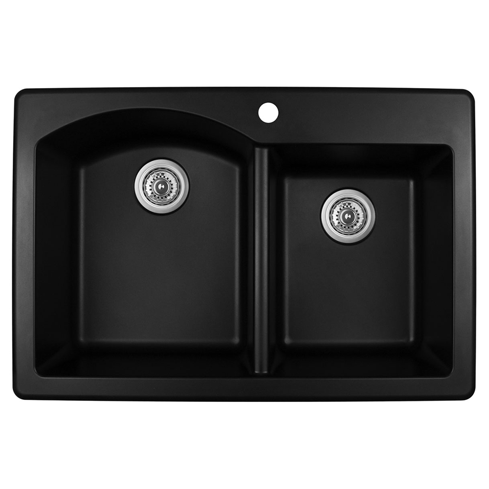 QT-610 Quartz Top Mount Large/Small Bowl Kitchen Sink, 33" x 22" x 9", Black