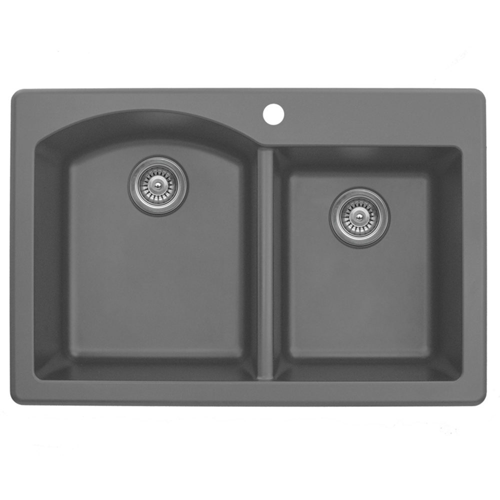 QT-610 Quartz Top Mount Large/Small Bowl Kitchen Sink, 33" x 22" x 9", Gray