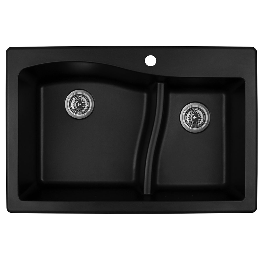 QT-630 Quartz Top Mount Large/Small Bowl Kitchen Sink, 32" x 21" x 10", Black
