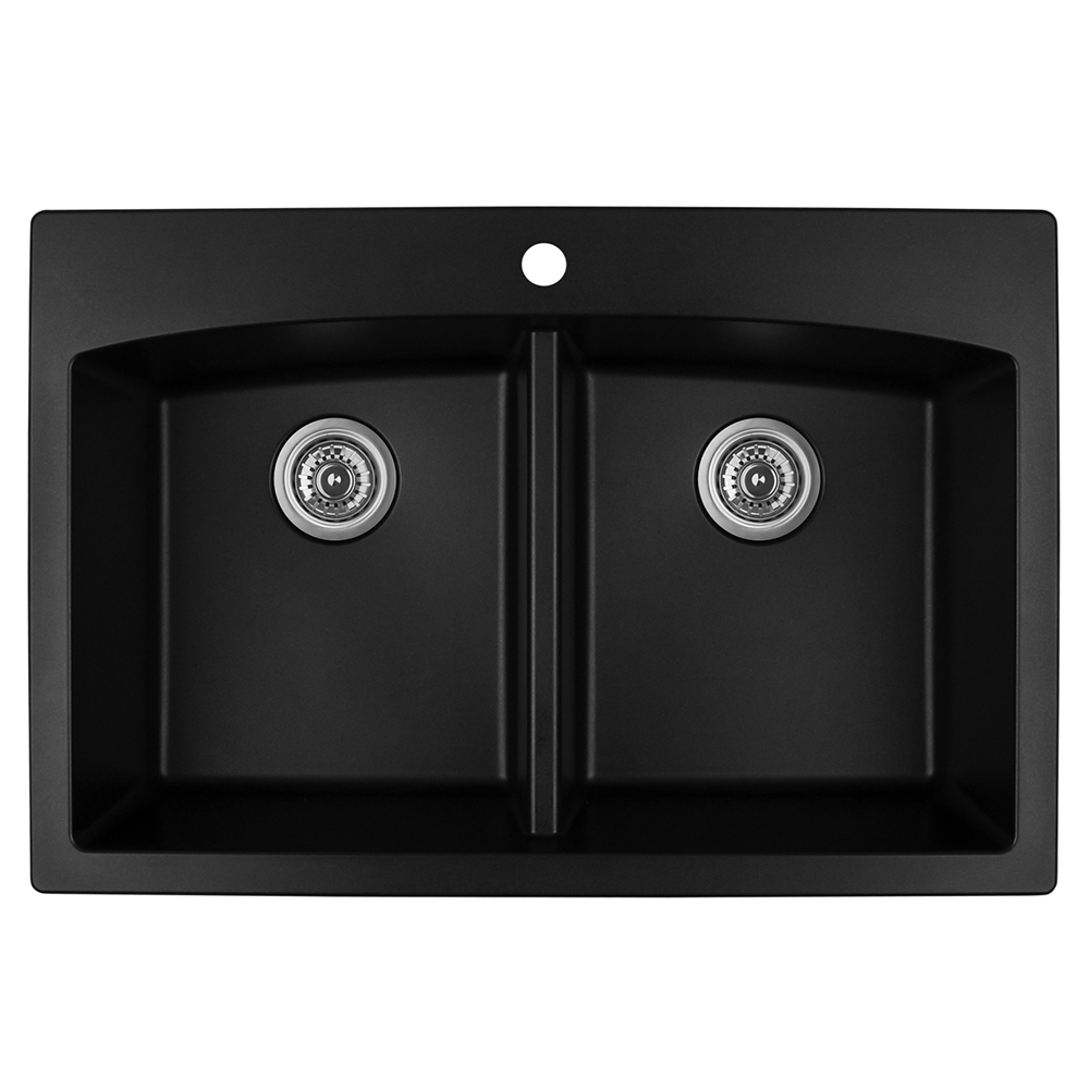 QT-710 Quartz Top Mount Double Equal Bowl Kitchen Sink, 33" x 22" x 9", Black