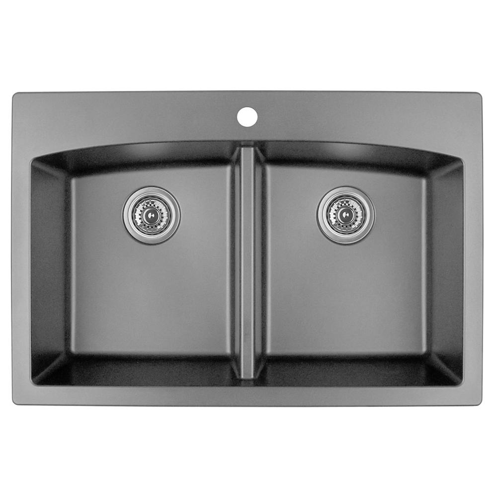 QT-710 Quartz Top Mount Double Equal Bowl Kitchen Sink, 33" x 22" x 9", Gray