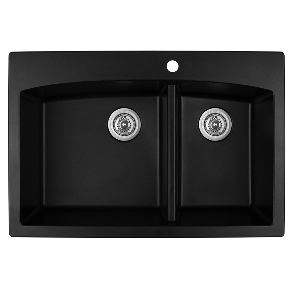 QT-711 Quartz Top Mount Large/Small Bowl Kitchen Sink, 33" x 22" x 9", Black