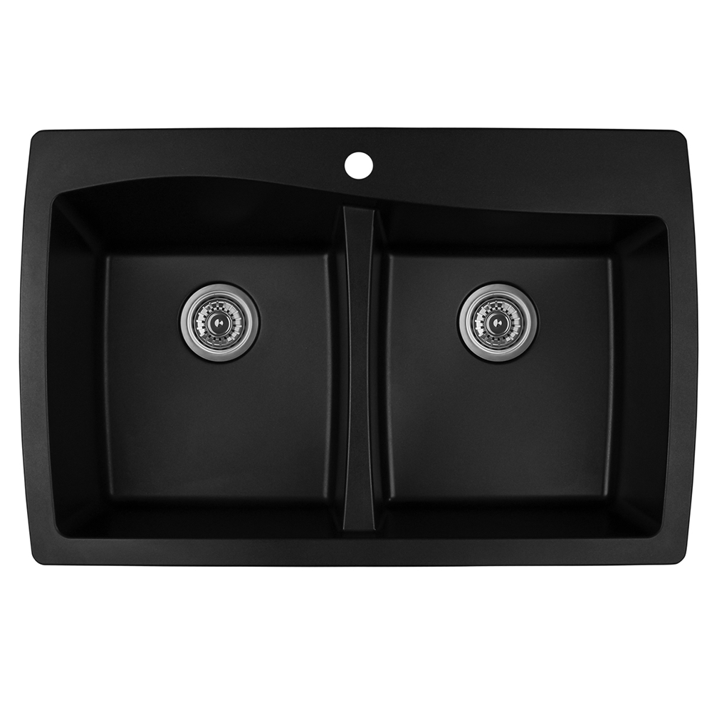 QT-720 Quartz Top Mount Double Equal Bowl Kitchen Sink, 34" x 22" x 9", Black