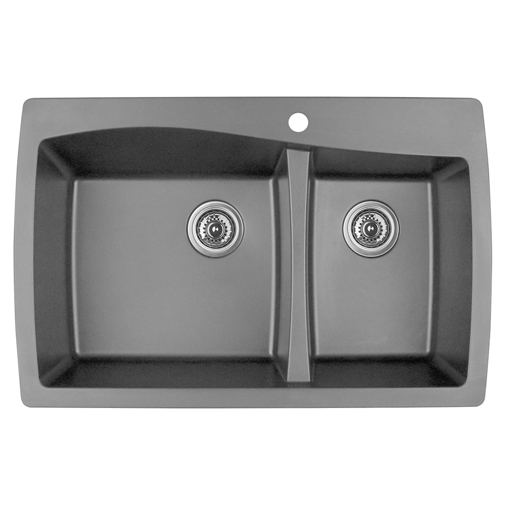 QT-721 Quartz Top Mount Large/Small Bowl Kitchen Sink, 34" x 22" x 9", Gray