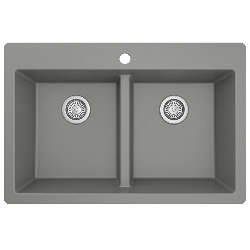 QT-810 Quartz Top Mount Double Equal Bowl Kitchen Sink, 33" x 22" x 9", Gray