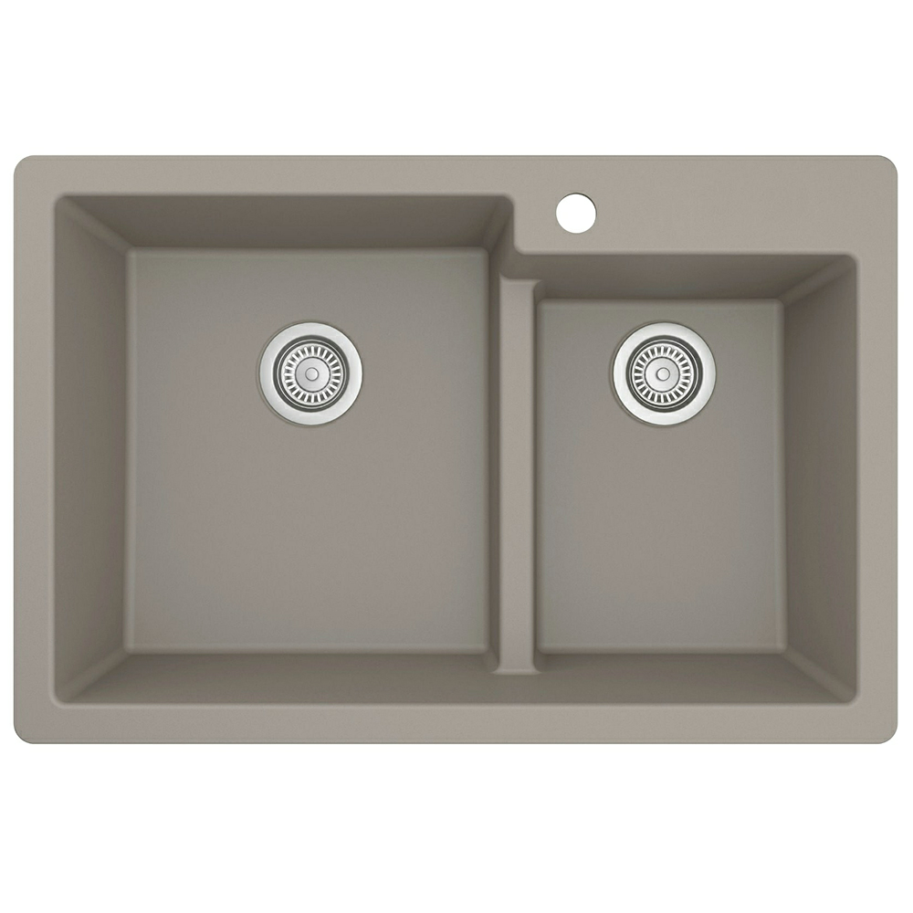 QT-811 Quartz Top Mount Large/Small Bowl Kitchen Sink, 33" x 22" x 9", Concrete