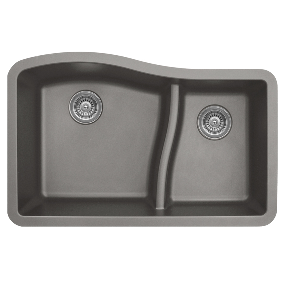 QU-630 Quartz Under Mount Large/Small Bowl Kitchen Sink, 32" x 21" x 10", Concrete