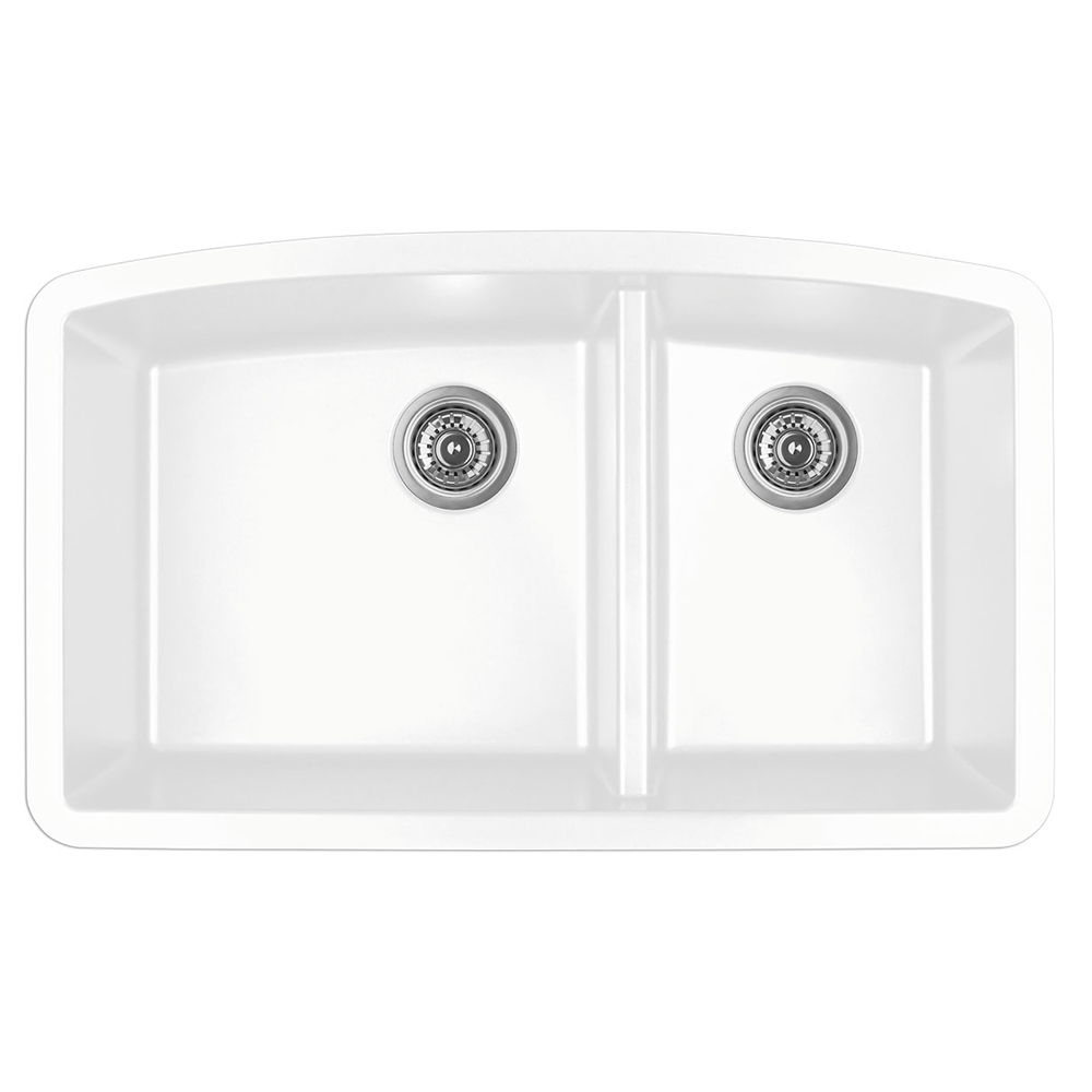 QU-711 Quartz Under Mount Large/Small Bowl Kitchen Sink, 32-1/2" x 19-1/2" x 9", White