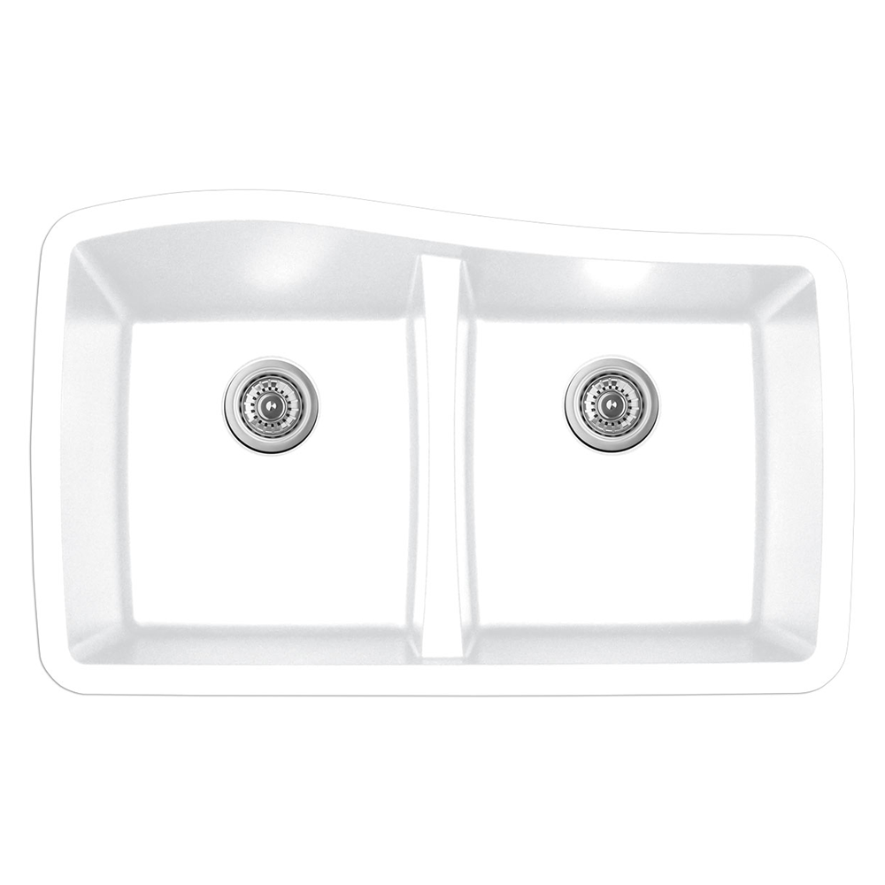 QU-720 Quartz Under Mount Double Equal Bowl Kitchen Sink, 33-1/2" x 20-5/8" x 9", White