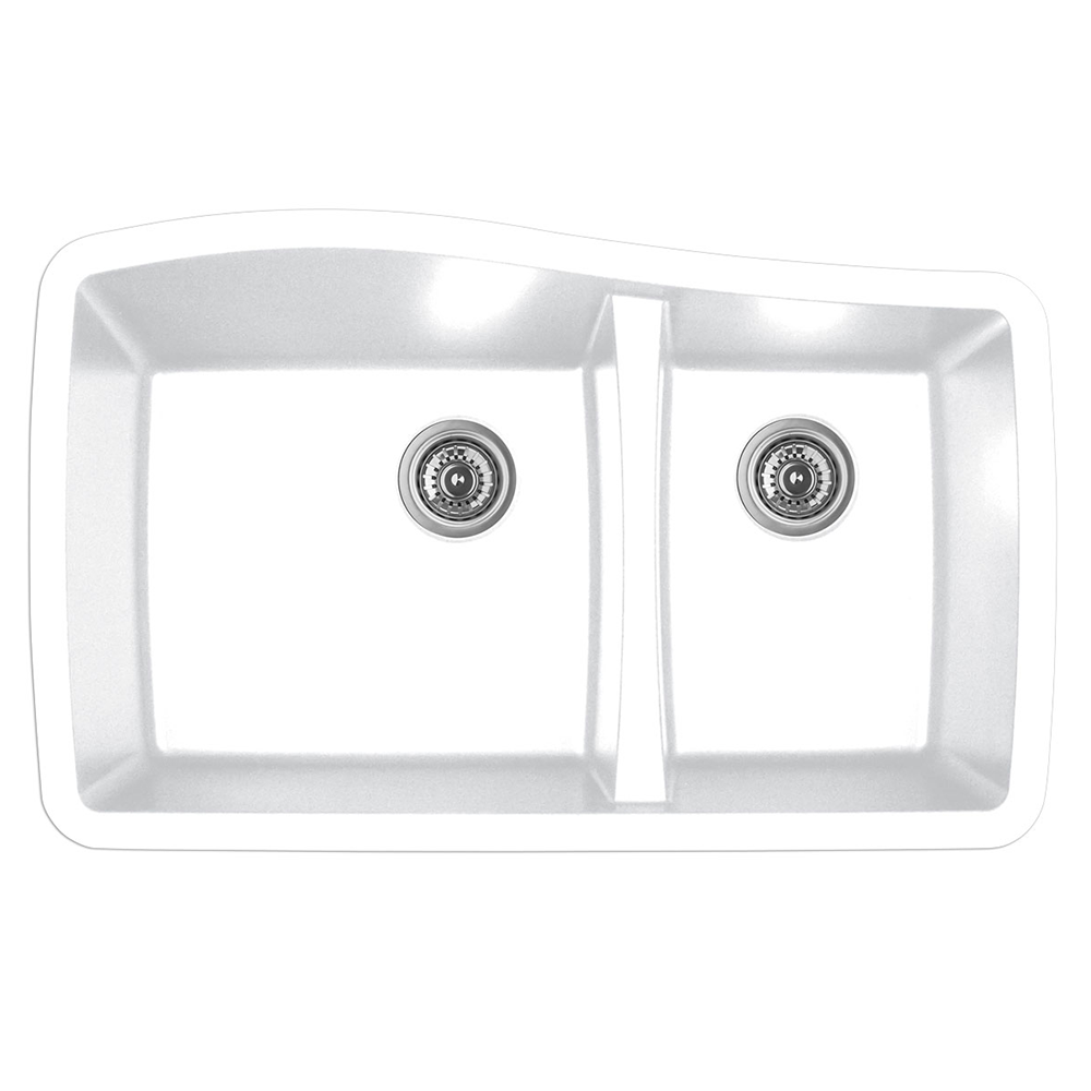 QT-721 Quartz Under Mount Large/Small Bowl Kitchen Sink, 33-1/2" x 20-5/8" x 9", White