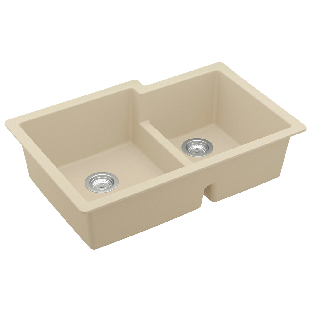 QU-811 Quartz Undermount Large/Small Bowl Kitchen Sink, 32-3/8" x 21-1/4" x 9", Bisque