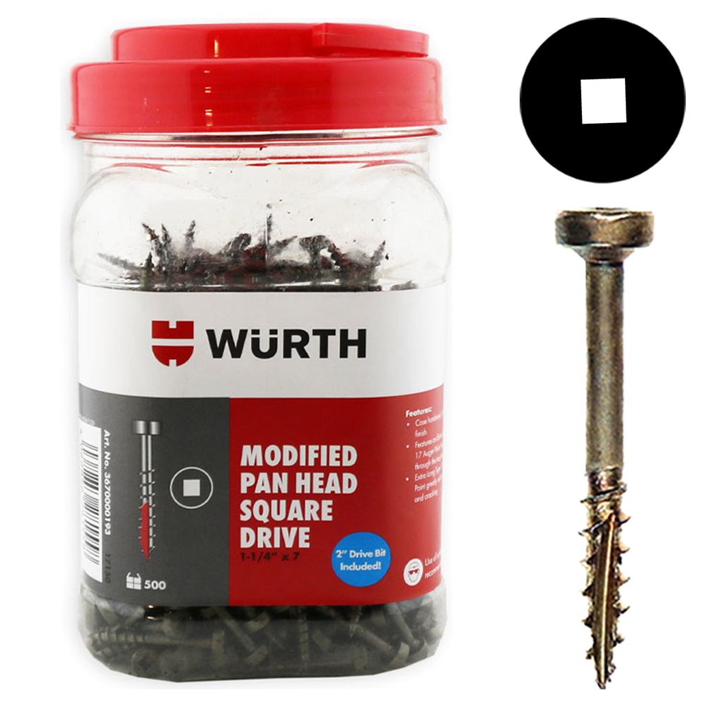 #7 x 1-1/2" Modified Pan Head Assembly Screw, Square Drive Coarse Thread and Type 17 Auger Point, Lubricated, Jar of 5 Hundred by Wurth