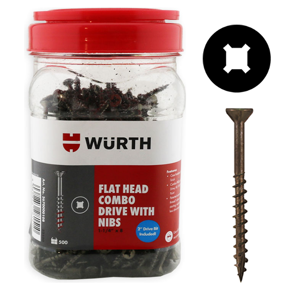 #8 x 1-1/2" Flat Head Assembly Screw, Combo Drive Turbo Thread with Nibs and Regular Point, Lubricated, Jar of 5 Hundred by Wurth
