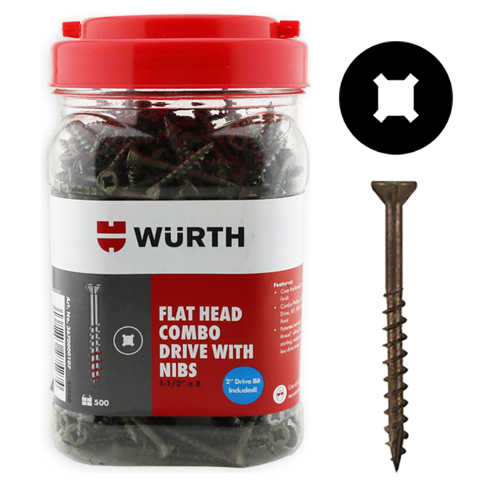 #8 x 2-1/2" Flat Head Assembly Screw, Combo Drive Turbo Thread with Nibs and Regular Point, Lubricated, Jar of 2.5 Hundred by Wurth